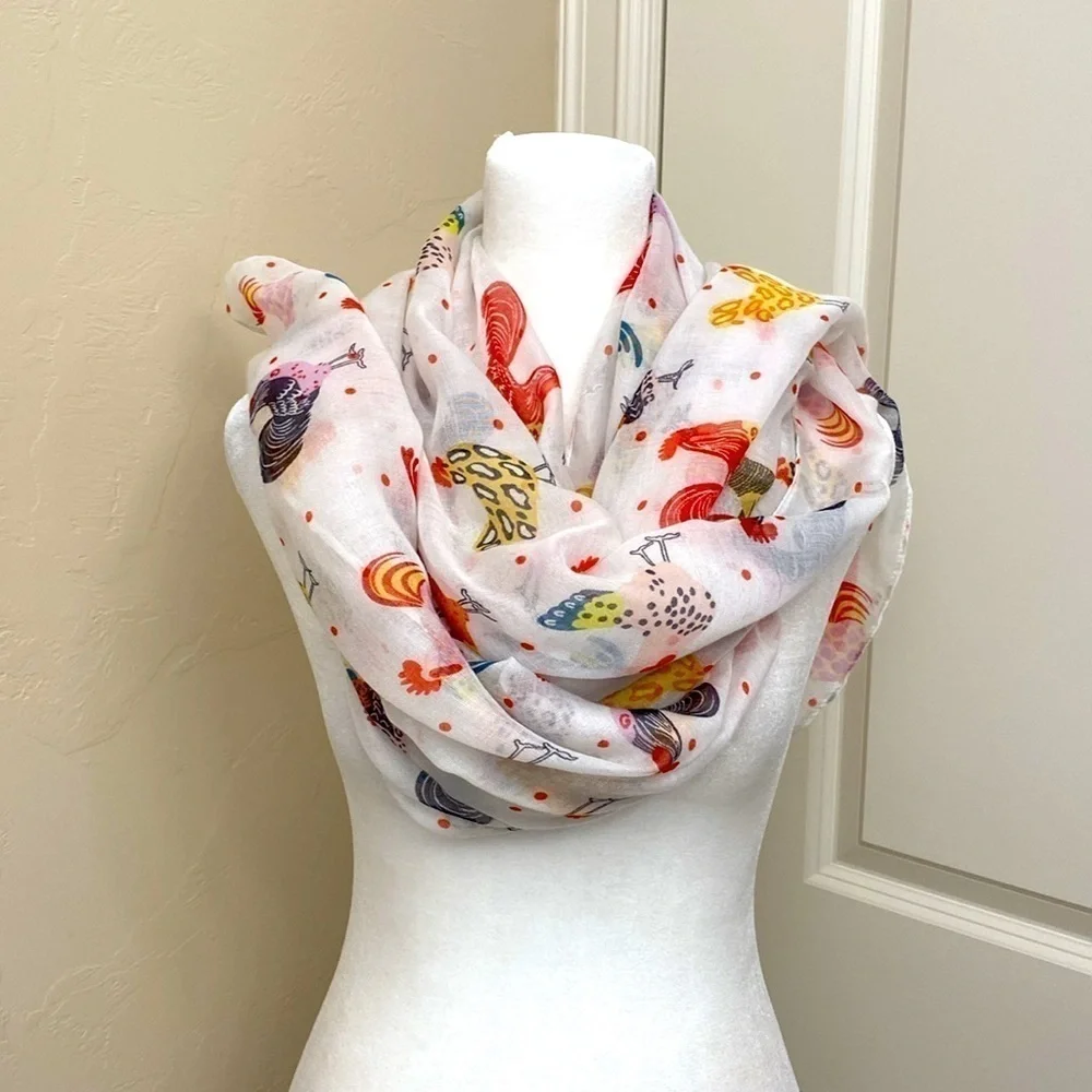 Rooster Hens Scarf Womens Novelty Print Birds Garden Red/White/Gold Sheer 72’